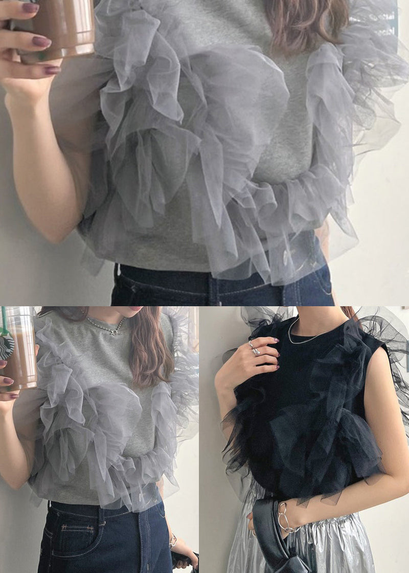 Black O-neck Patchwork Tulle Vests Summer
