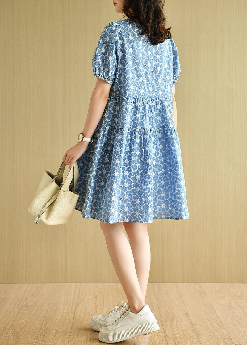 Blue Patchwork V Neck Embroideried Summer Cotton Dress Short Sleeve
