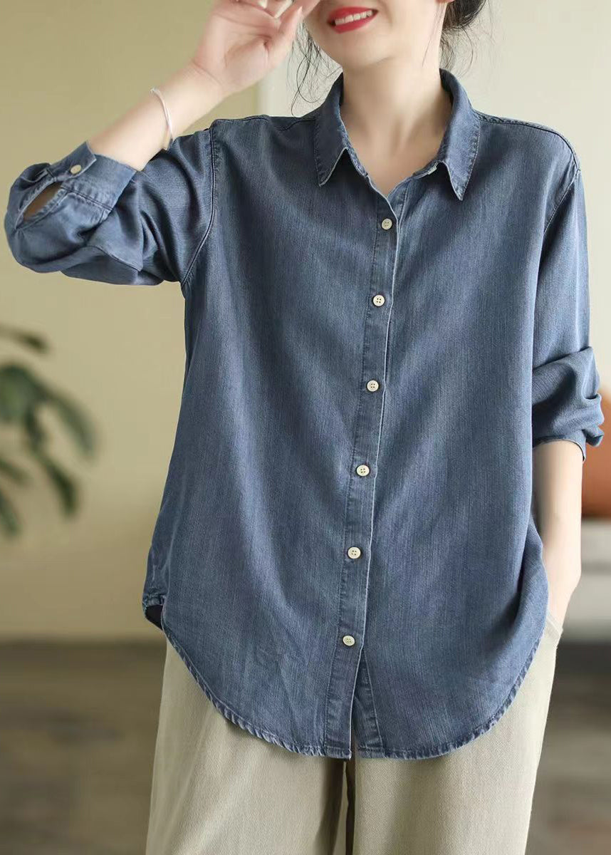 Denim Blue Peter Pan Collar Patchwork Button Shirt Long Sleeve