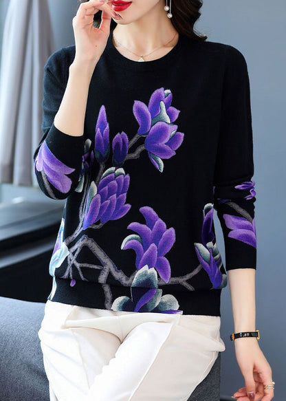 Navy O Neck Print Wool Knit Sweaters Long Sleeve