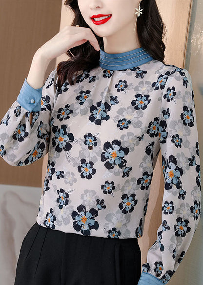 White Stand Collar Print Patchwork Chiffon Blouse Tops Spring