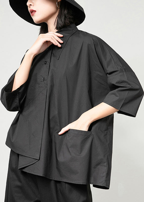 Black Peter Pan Collar Asymmetrical Patchwork Button Pockets Shirt Long Sleeve