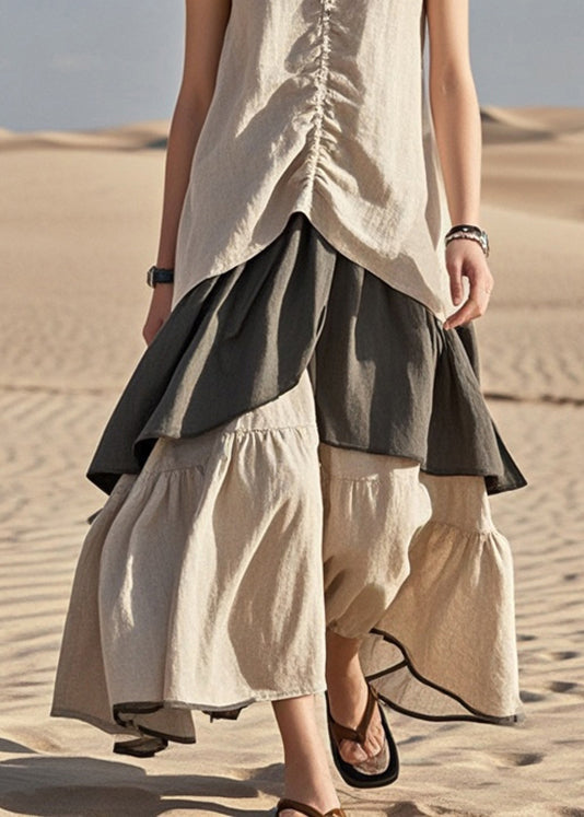 Khaki Patchwork Wrinkled Cotton Spaghetti Strap Dress Summer