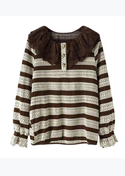 Black Striped Lace Patchwork Knit Blouse Tops Spring