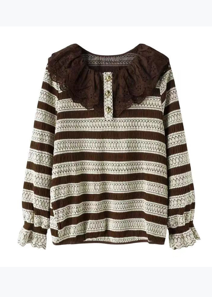 Black Striped Lace Patchwork Knit Blouse Tops Spring