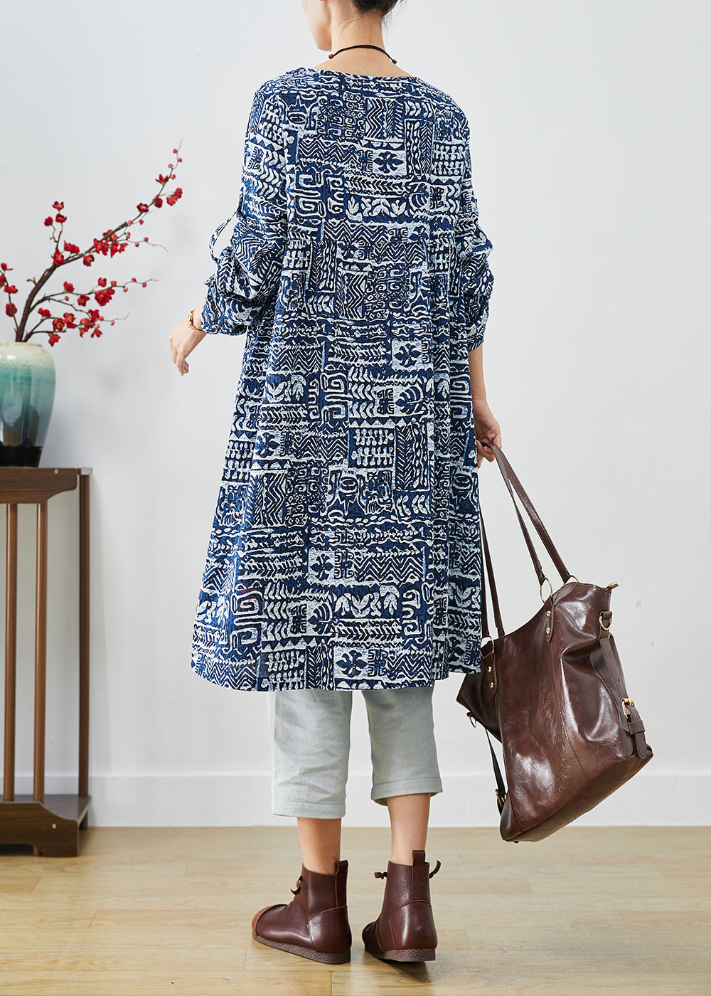 Navy Oversized Print Linen Dress Fall