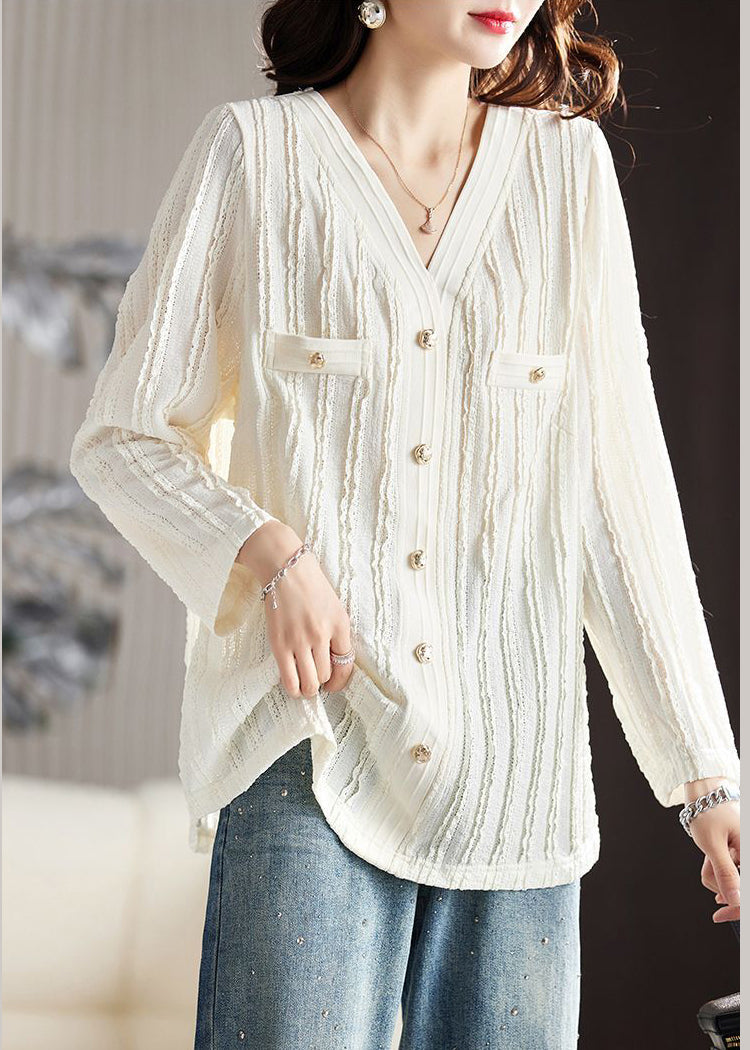 Beige V Neck Wrinkled Pockets Cotton T Shirt Long Sleeve