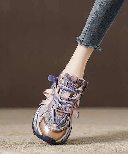 Purple Lace Up Zircon Splicing Platform Flat Shoes for