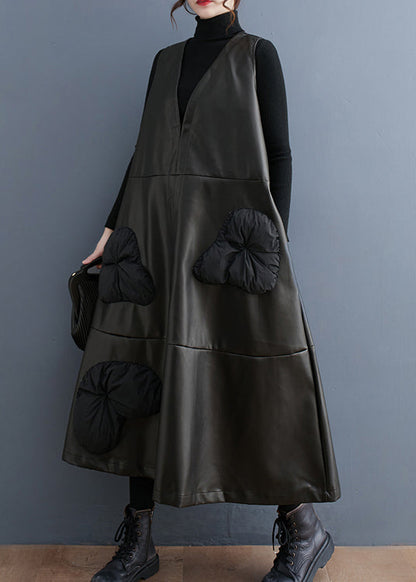Black V Neck Stereoscopic Faux Leather Long Dress Winter
