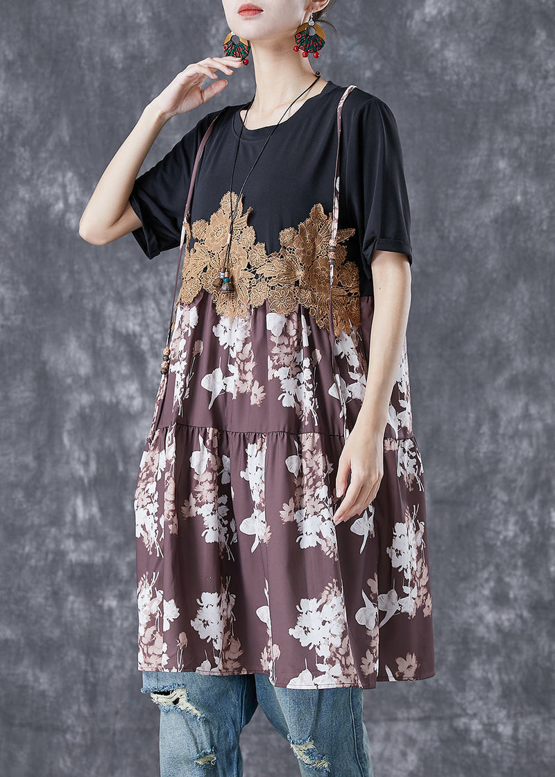 Black Lace Patchwork Print Chiffon Fake Two Piece Dresses Summer