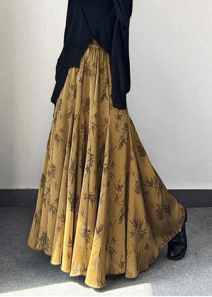 Golden Bamboo Print Exra Large Hem Silk Skirt Spring
