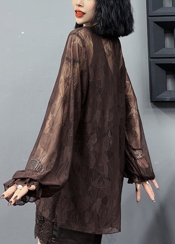 Loose and Versatile Slim V Neck Long Sleeved Coffee Lace Top