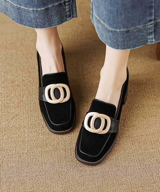 Black Retro Chunky Suede Simple Splicing Metal Buckle