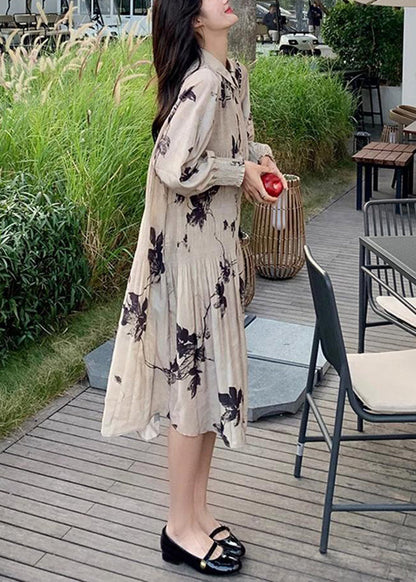 Chinese Style Wrinkled Print Button Collar Long Dresses Lantern Sleeve Spring