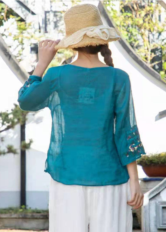 Organic Peacock Blue Embroideried Linen Top Three Quarter Sleeve