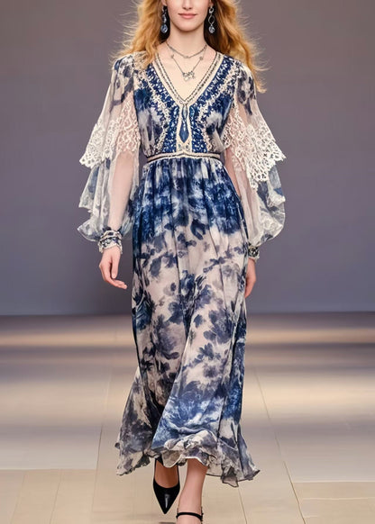 Navy Print Chiffon Party Dress Lantern Sleeve Spring