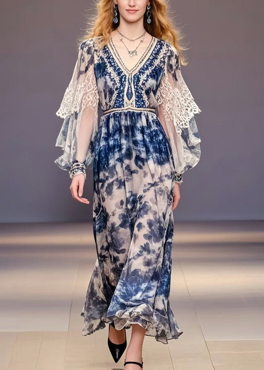 Navy Print Chiffon Party Dress Lantern Sleeve Spring