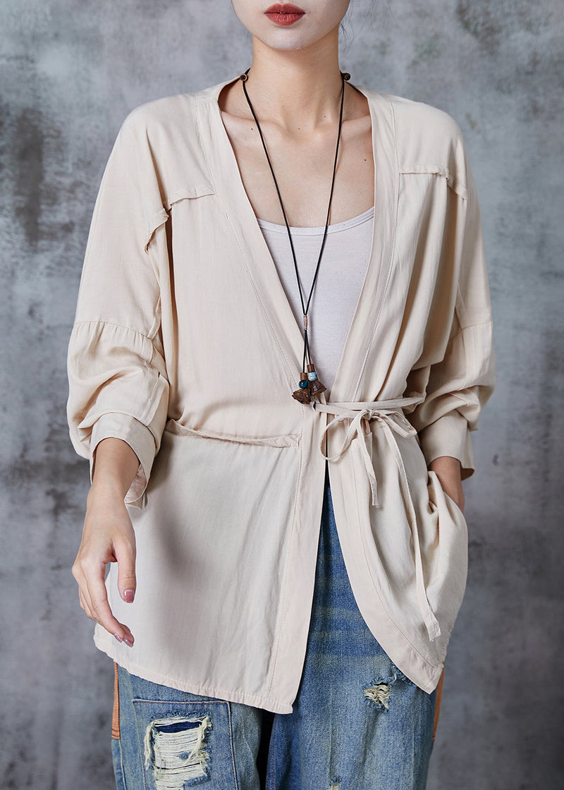 Beige Asymmetrical Tie Waist Cotton Blouse Tops Spring