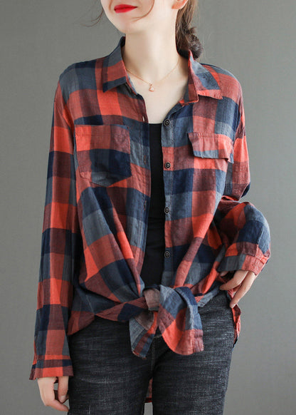 Red Pockets Peter Pan Collar Plaid Button Shirt Long Sleeve