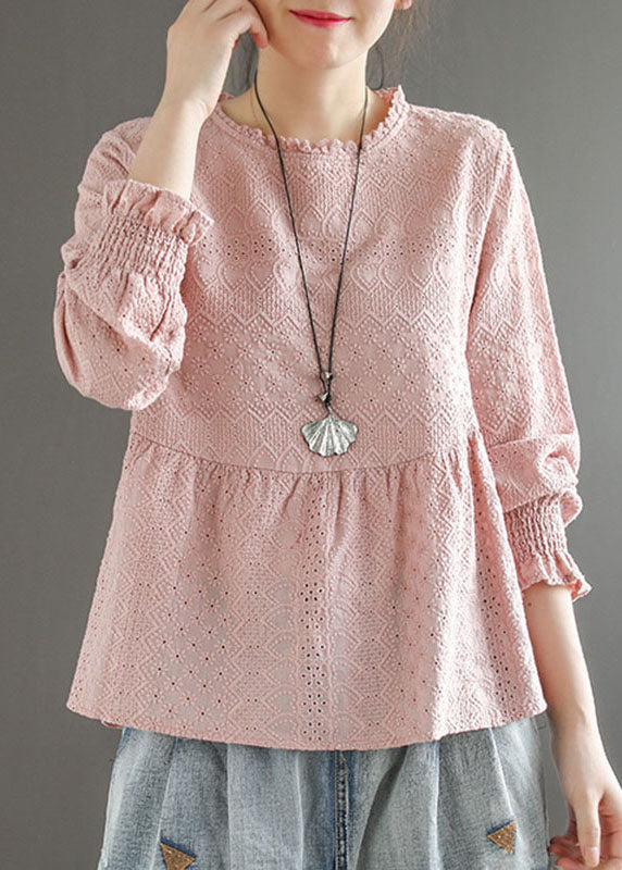 Handmade Pink O-neck Patchwork Jacquard Fall Top Long Sleeve