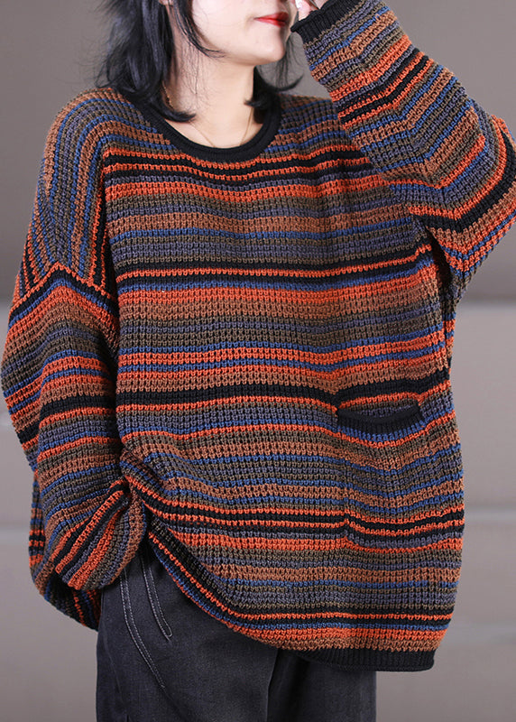 O-neck Thick Striped Pockets Knit Sweater Long Sleeve