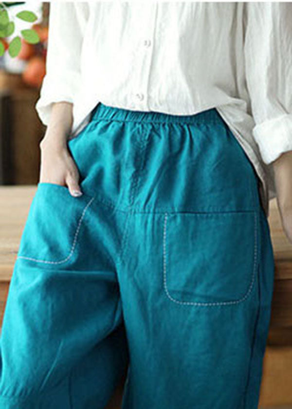 Peacock Blue Elastic Waist Patchwork Linen Harem Pants Summer