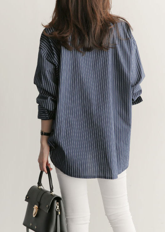 Blue Peter Pan Collar Striped Cotton Shirts Top Spring
