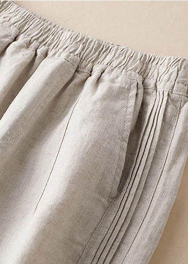 Linen Colour Ruffled Elastic Waist Draping Linen Wide Leg Pants Summer