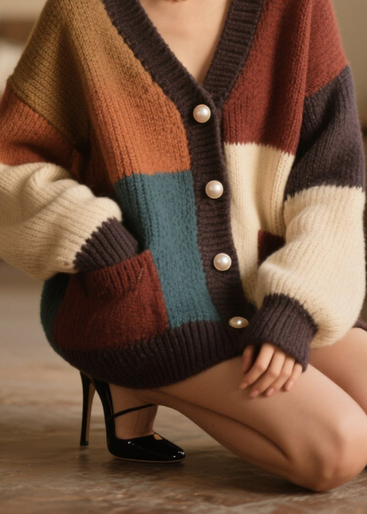 Colorblock Button Pockets Knit Cardigan Fall