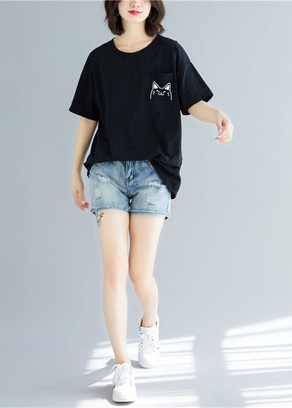 Diy Black O Neck Cartoon Print Cotton T Shirt Tops Short Sleeve