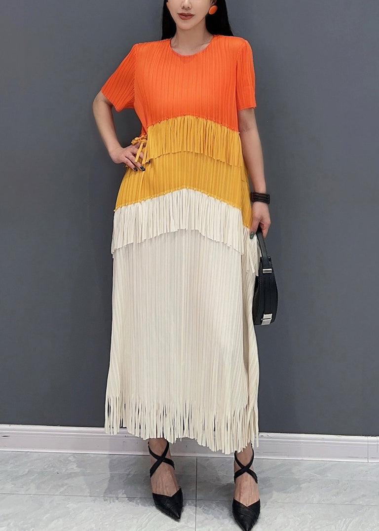 Orange Patchwork Silk Long Dress Tasseled O-neck Summer