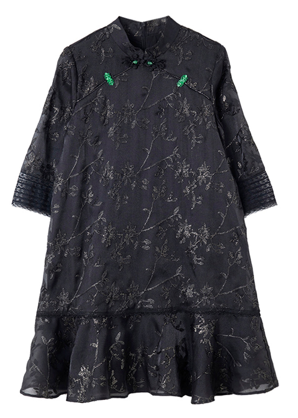 Jacquard Black Stand Collar Patchwork Tulle Mid Dress Half Sleeve