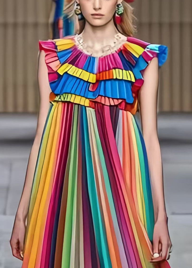 Rainbow Ruffled Striped Chiffon Holiday Pleated Dress Summer