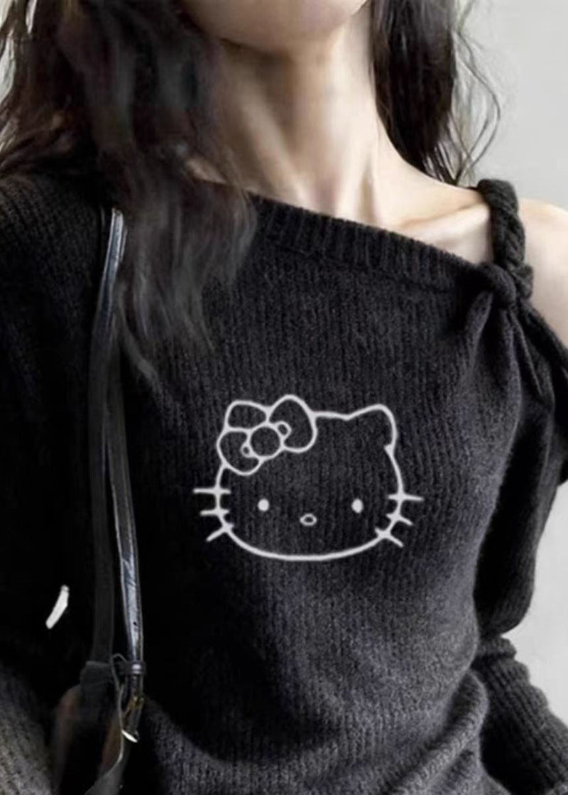 Dark Grey Cold Shoulder Print Cotton Knit Sweater Tops Spring