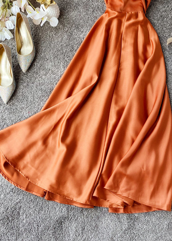Orange V Neck Patchwork Silk Slip Maxi Dress Summer