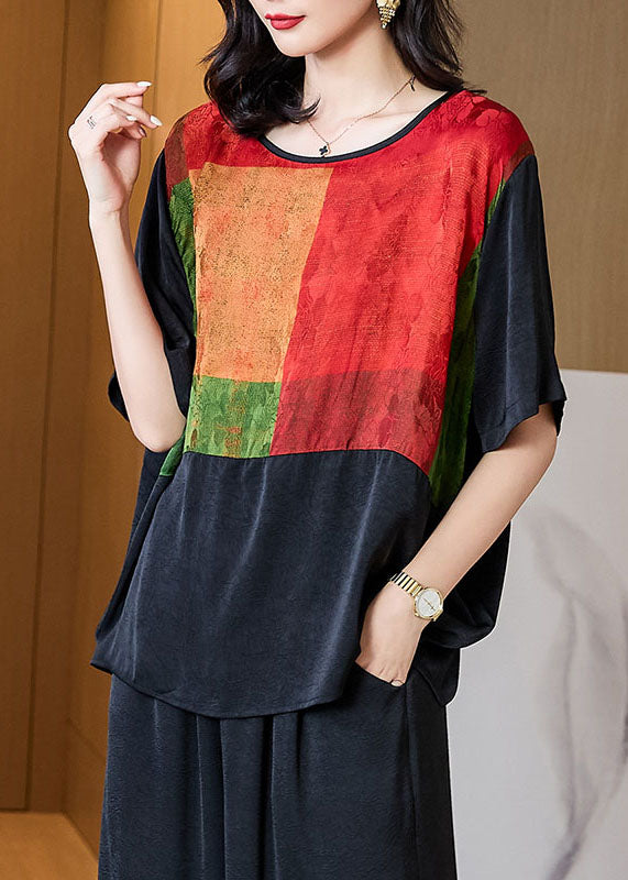 Black O Neck Print Patchwork Silk T Shirt Tops Half Sleeve
