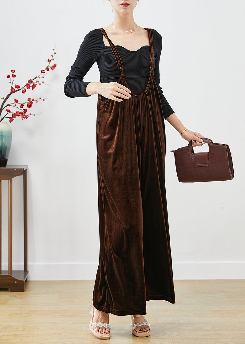 Brown Oversized Silk Velour Wide Leg Strap Pants Fall