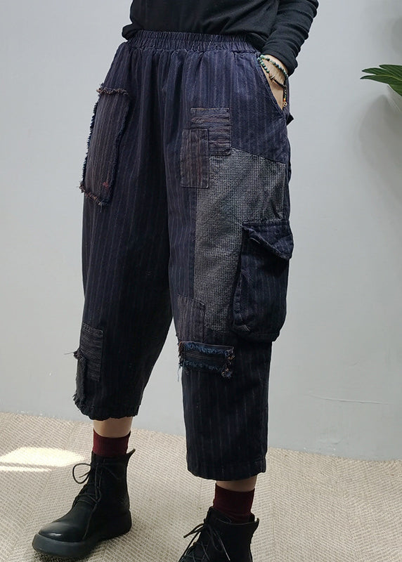 Navy Elastic Waist Pockets Patchwork Pants Spring