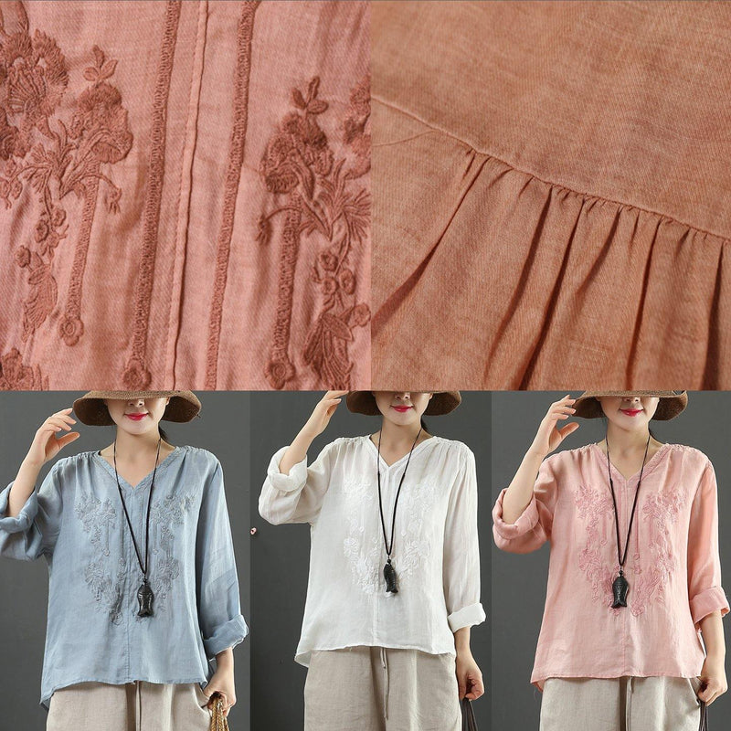 Handmade White Embroidery Shirts V Neck Box Spring Shirts