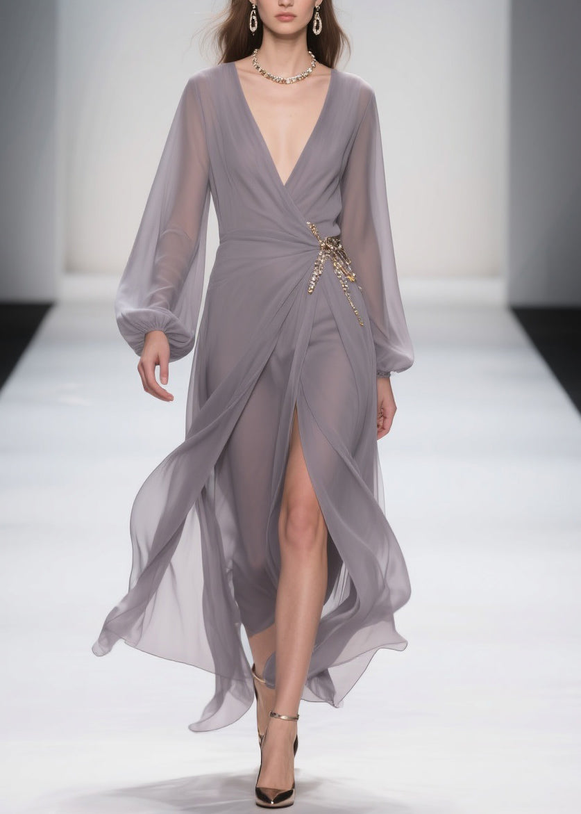 Grey Lace Up Front Open Chiffon Long Dress Spring