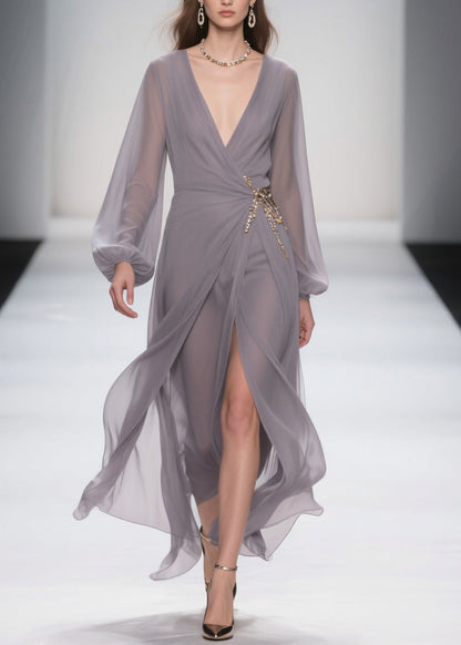 Grey Lace Up Front Open Chiffon Long Dress Spring