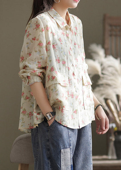 Apricot Peter Pan Collar Print Patchwork Button Linen Shirt Long Sleeve