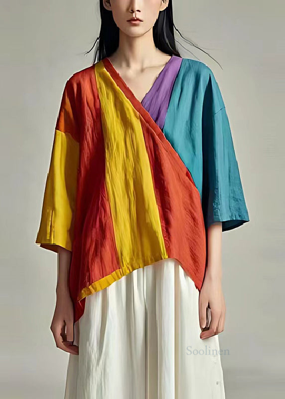 Colorblock V Neck Patchwork Linen Tank Summer