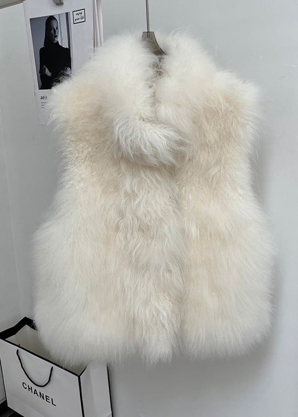 Handmade Beige Stand Collar Leather and Fur Coat Sleeveless