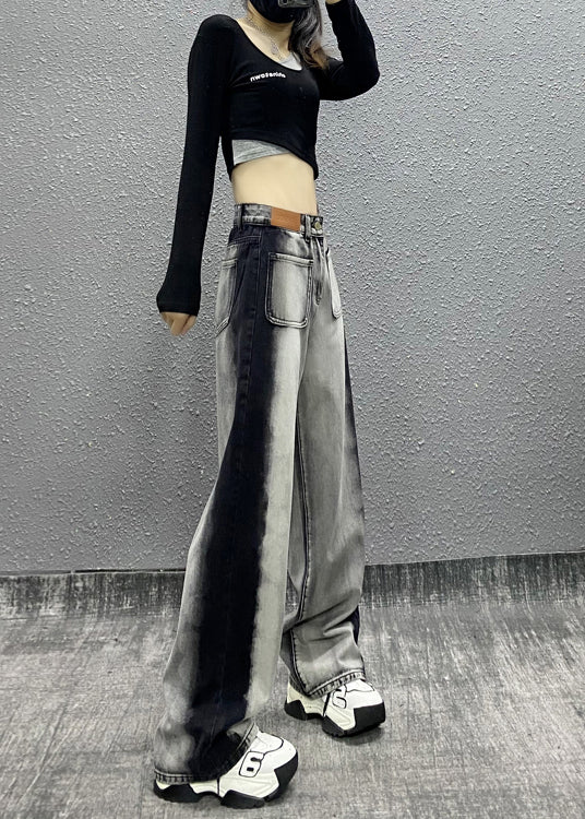 Colorblock Pockets High Waist Denim Wide Leg Pants Fall
