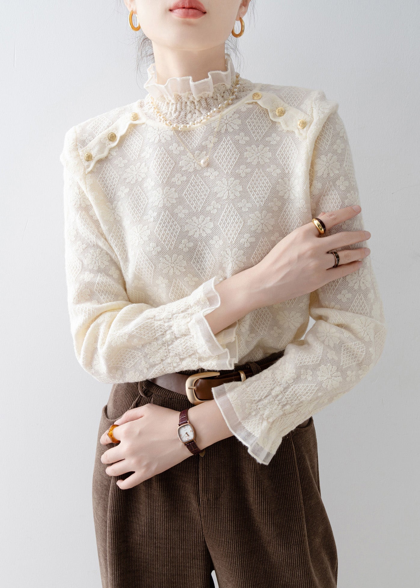 Apricot Stand Collar Jacquard Lace Shirt Top Spring