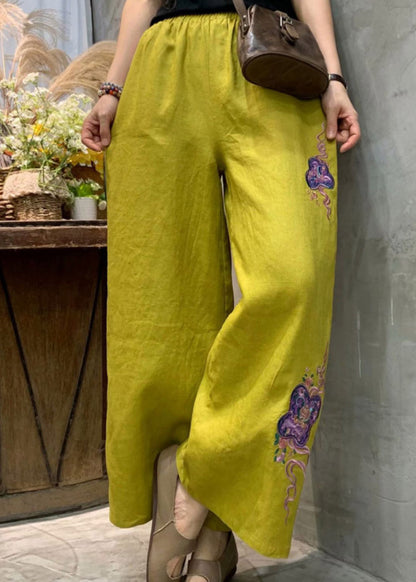 Yellow Embroideried Linen Wide Leg Pants Summer