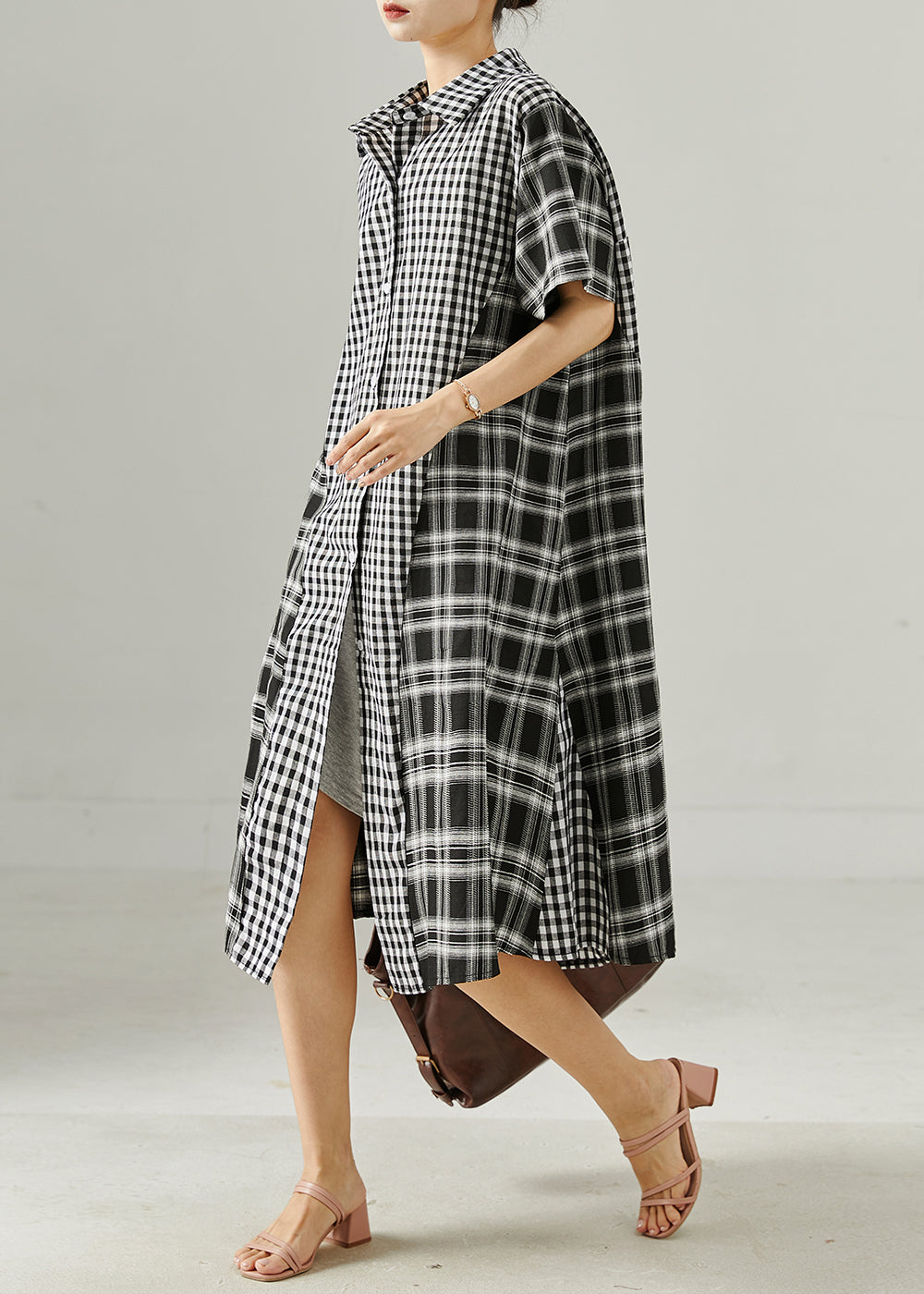 Grey Oversized Patchwork Plaid Linen Robe Dresses Summer