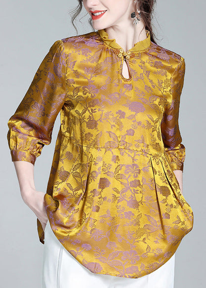 Gold Stand Collar Print Button Silk Tops Long Sleeve
