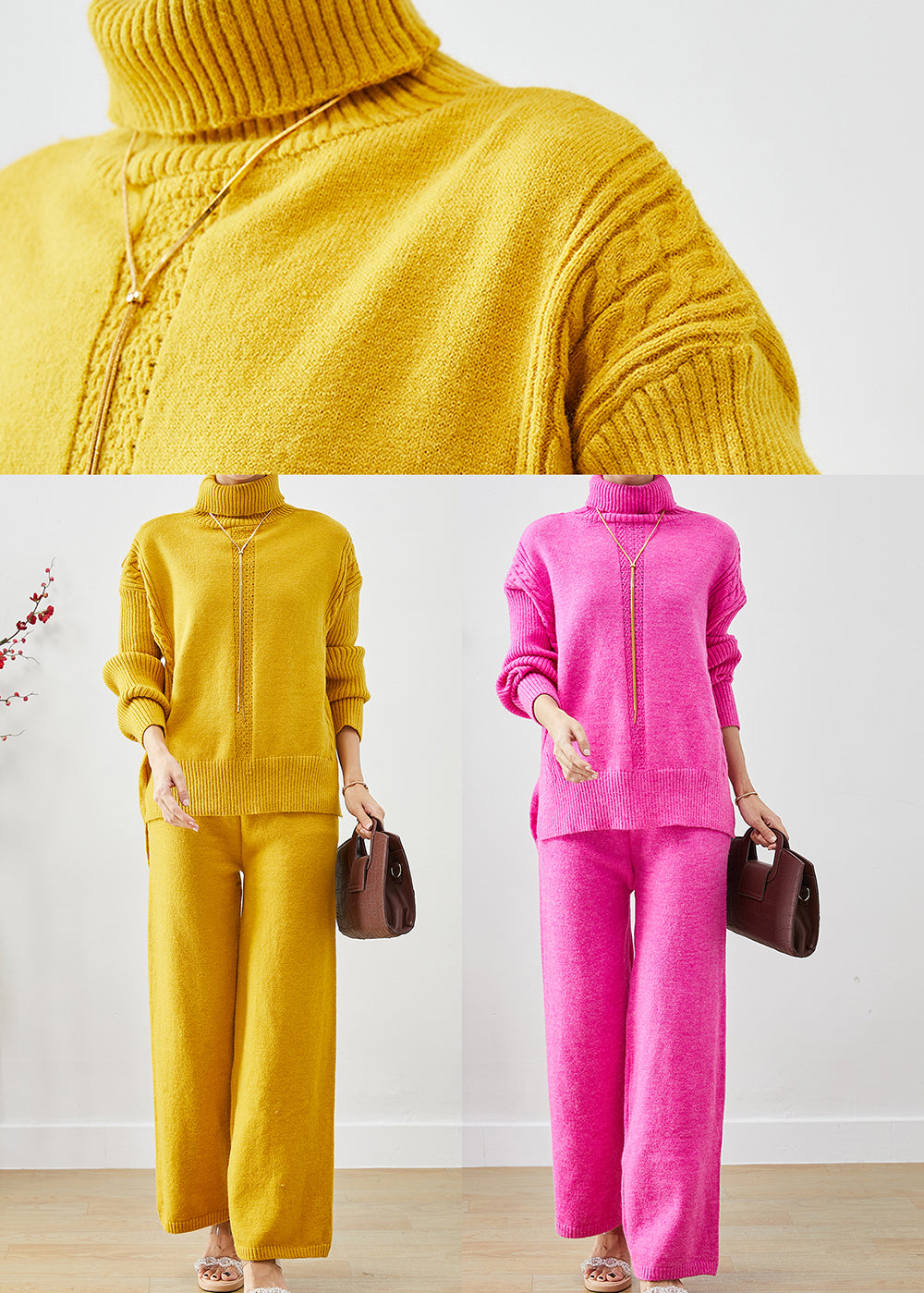 Yellow Turtle Neck Warm Knit Two Pieces Set Fall